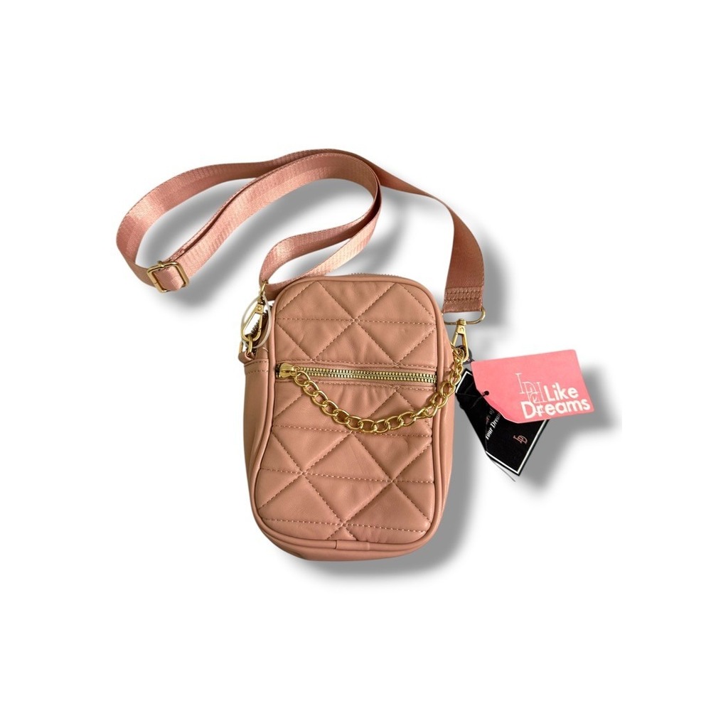 Like Dreams Dusty Rose Quilted Faux Leather Crossbody Bag Gold Chain Pink NWT